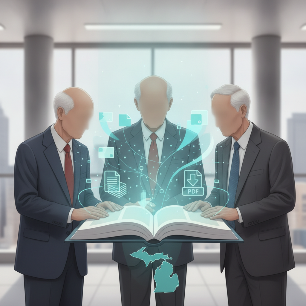 Three lawmakers discussing legislation with digital icons representing documents and connect — PACE Access Improvement Act
