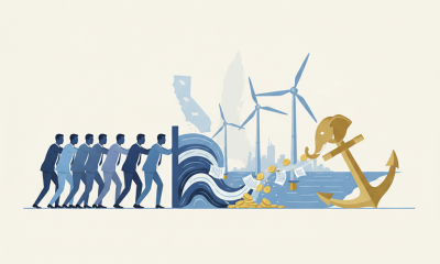 Illustration depicting a group of people pushing against a wave of money towards offs — trump offshore wind lease lawsuits