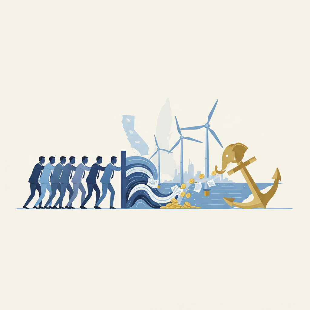 Illustration depicting a group of people pushing against a wave of money towards offs — trump offshore wind lease lawsuits