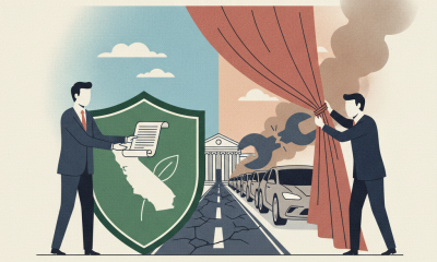 Illustration depicting a legal clash over California's emissions laws — California Emissions Lawsuit: Trump Administration