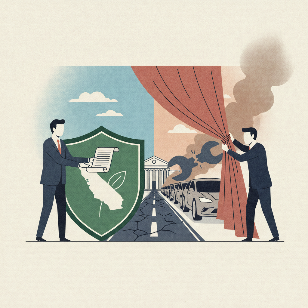 Illustration depicting a legal clash over California's emissions laws — California Emissions Lawsuit: Trump Administration