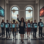 Group of professionals in business attire holding digital icons, symbolizing support for National Promotoras Month.