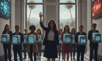 Group of professionals in business attire holding digital icons, symbolizing support for National Promotoras Month.