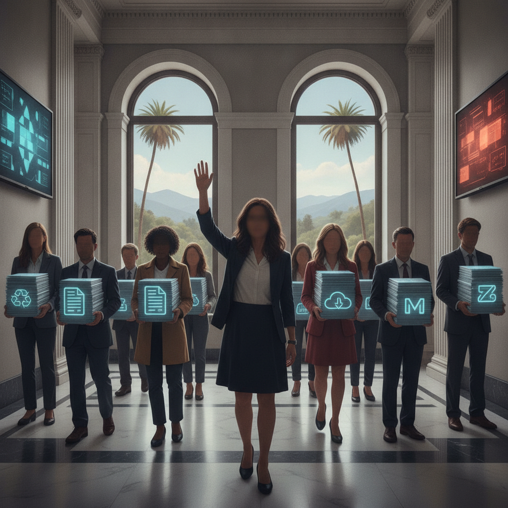 Group of professionals in business attire holding digital icons, symbolizing support for National Promotoras Month.