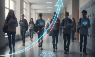 Students walking in a school hallway, with a digital brain graphic and upward trend — CDC Youth Risk Behavior Survey 2025
