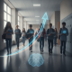 Students walking in a school hallway, with a digital brain graphic and upward trend — CDC Youth Risk Behavior Survey 2025