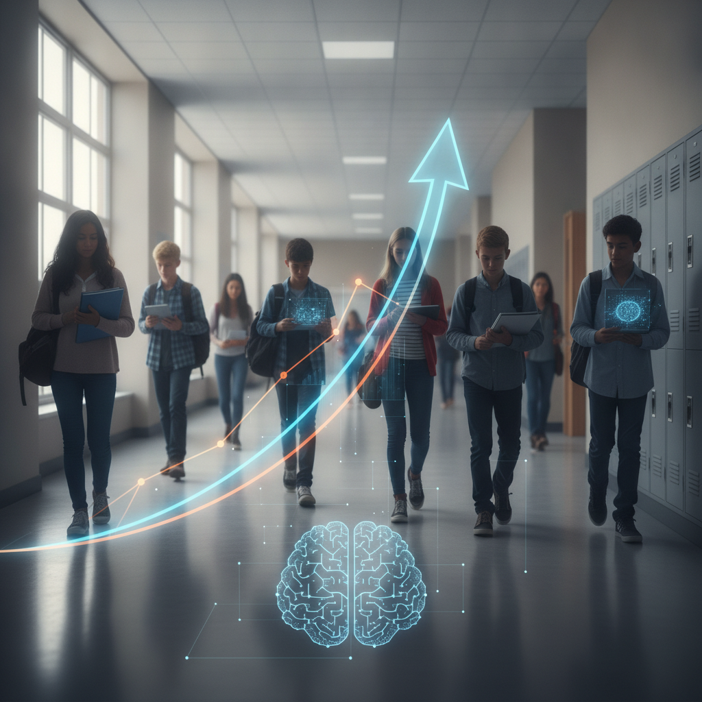 Students walking in a school hallway, with a digital brain graphic and upward trend — CDC Youth Risk Behavior Survey 2025