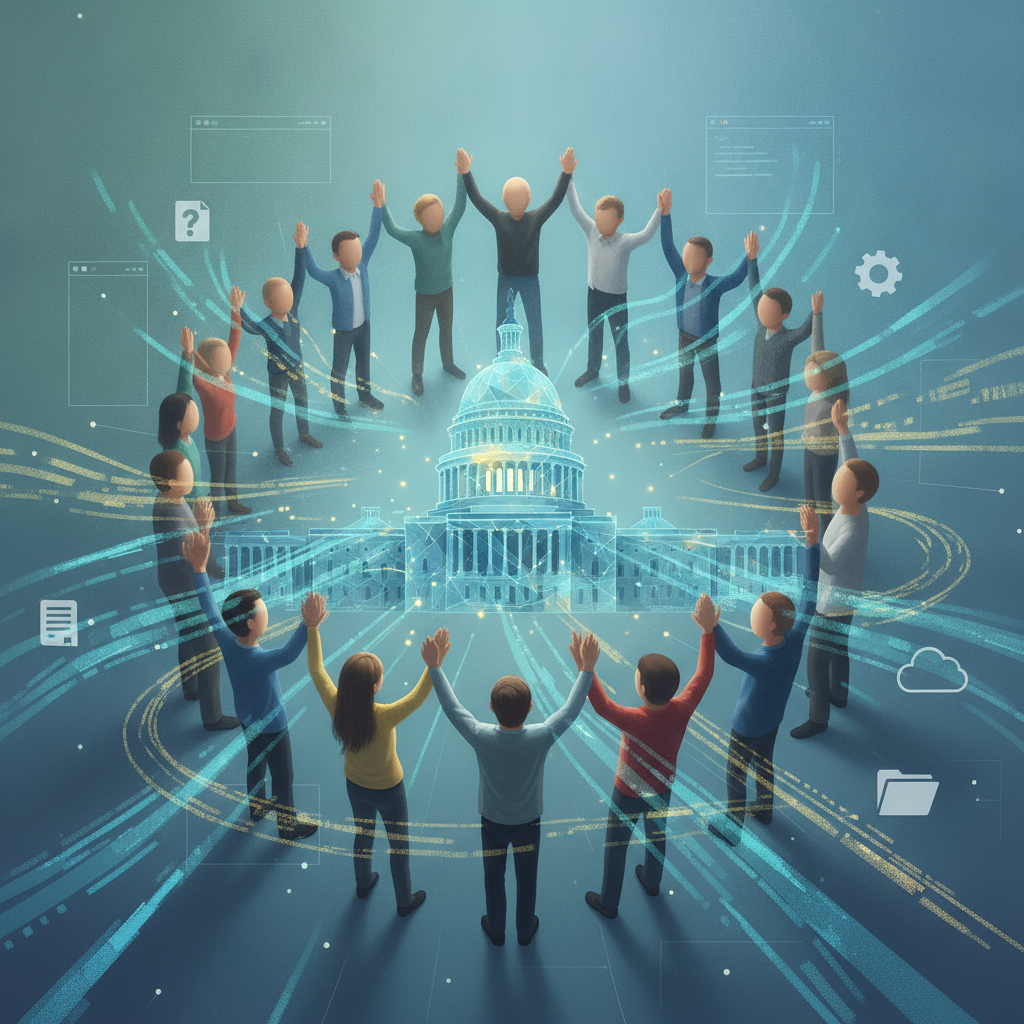 A diverse group of people celebrating around a digital representation of the U.S. Ca — Celebrate Community Week resolution