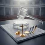 A gavel above legal documents with scales and coins, symbolizing the clarity for compensation act.