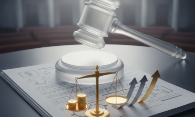 A gavel above legal documents with scales and coins, symbolizing the clarity for compensation act.