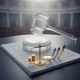A gavel above legal documents with scales and coins, symbolizing the clarity for compensation act.