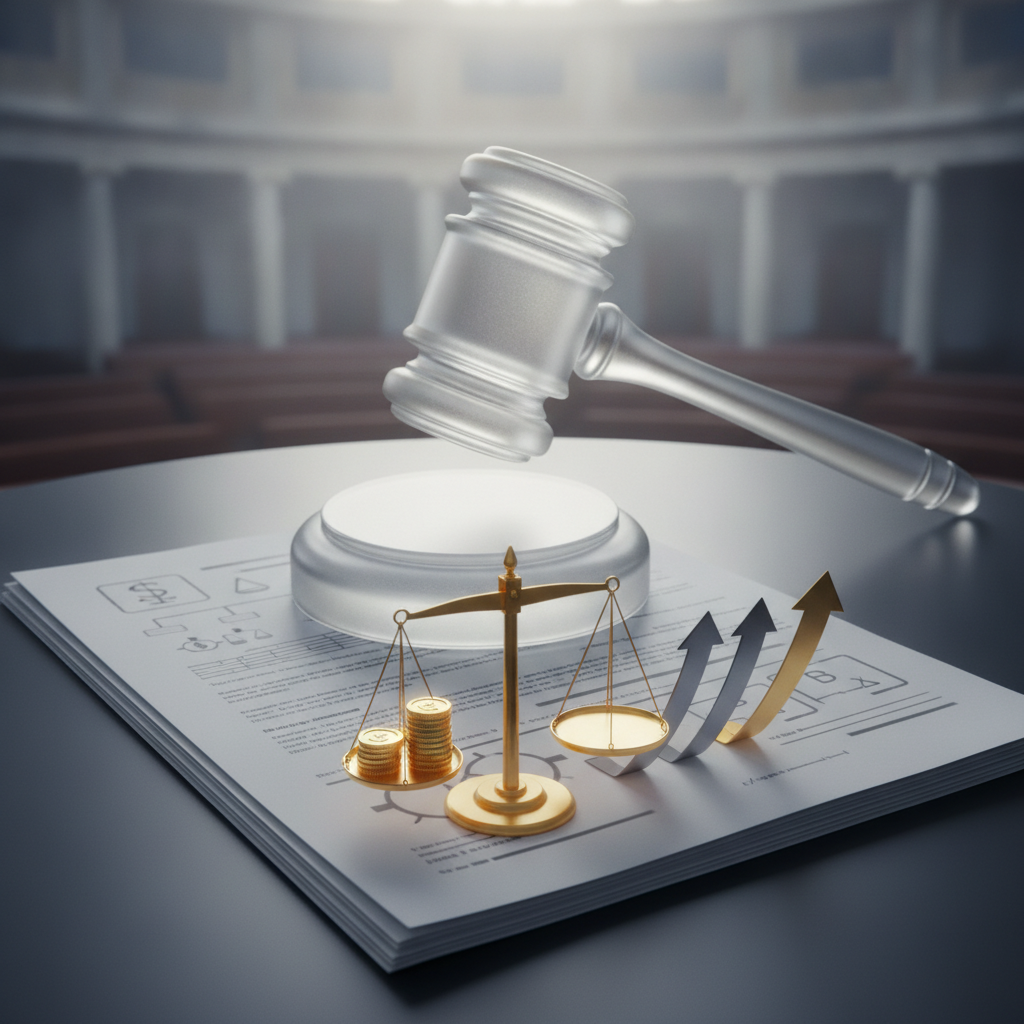 A gavel above legal documents with scales and coins, symbolizing the clarity for compensation act.