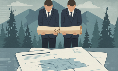 Two men in suits holding a rolled document with mountains and trees in the bac — Evergreen High School shooting resolution