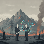 Two faceless figures in suits discuss amidst a wildfire landscape with power lines and — Wildfire and Grid Reliability Act