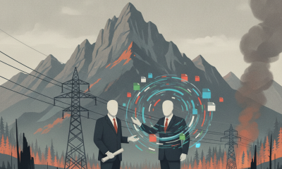 Two faceless figures in suits discuss amidst a wildfire landscape with power lines and — Wildfire and Grid Reliability Act