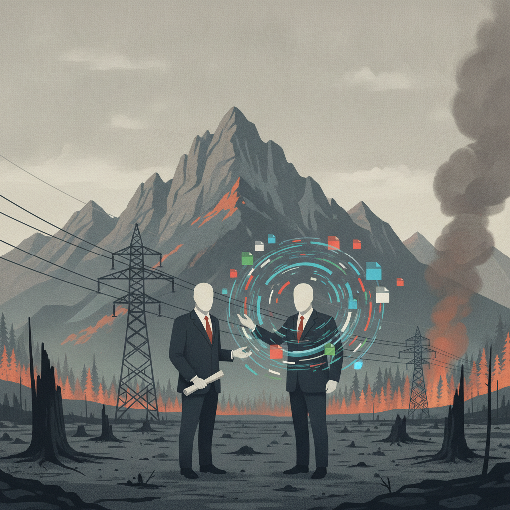 Two faceless figures in suits discuss amidst a wildfire landscape with power lines and — Wildfire and Grid Reliability Act