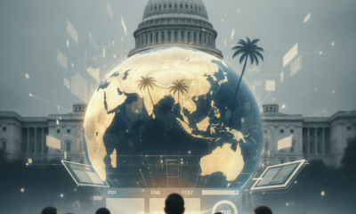 A group of people in suits gathered in front of the U.S. Capitol, with a digital globe — Marianas Tourism Advancement Act
