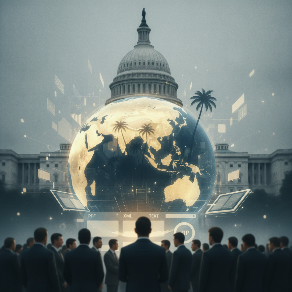A group of people in suits gathered in front of the U.S. Capitol, with a digital globe — Marianas Tourism Advancement Act
