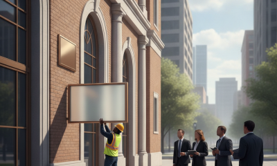 A construction worker installs a blank sign on a building while a group of — Dionne Phillips Bagsby Post Office Fort Worth