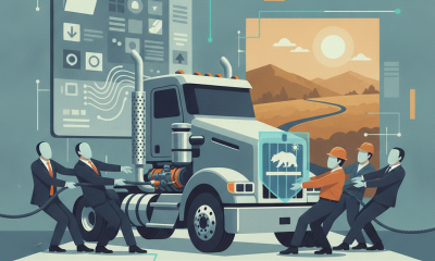 Illustration of a heavy-duty truck surrounded by figures symbolizing de — congress overturns california low nox regulation