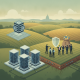 Illustration depicting data centers on farmland with lawmakers discussing protection — data centers on prime farmland bill
