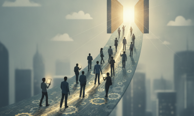 A diverse group of people walking towards a bright doorway labeled 'Financial Op — Credit Access and Inclusion Act of 2026