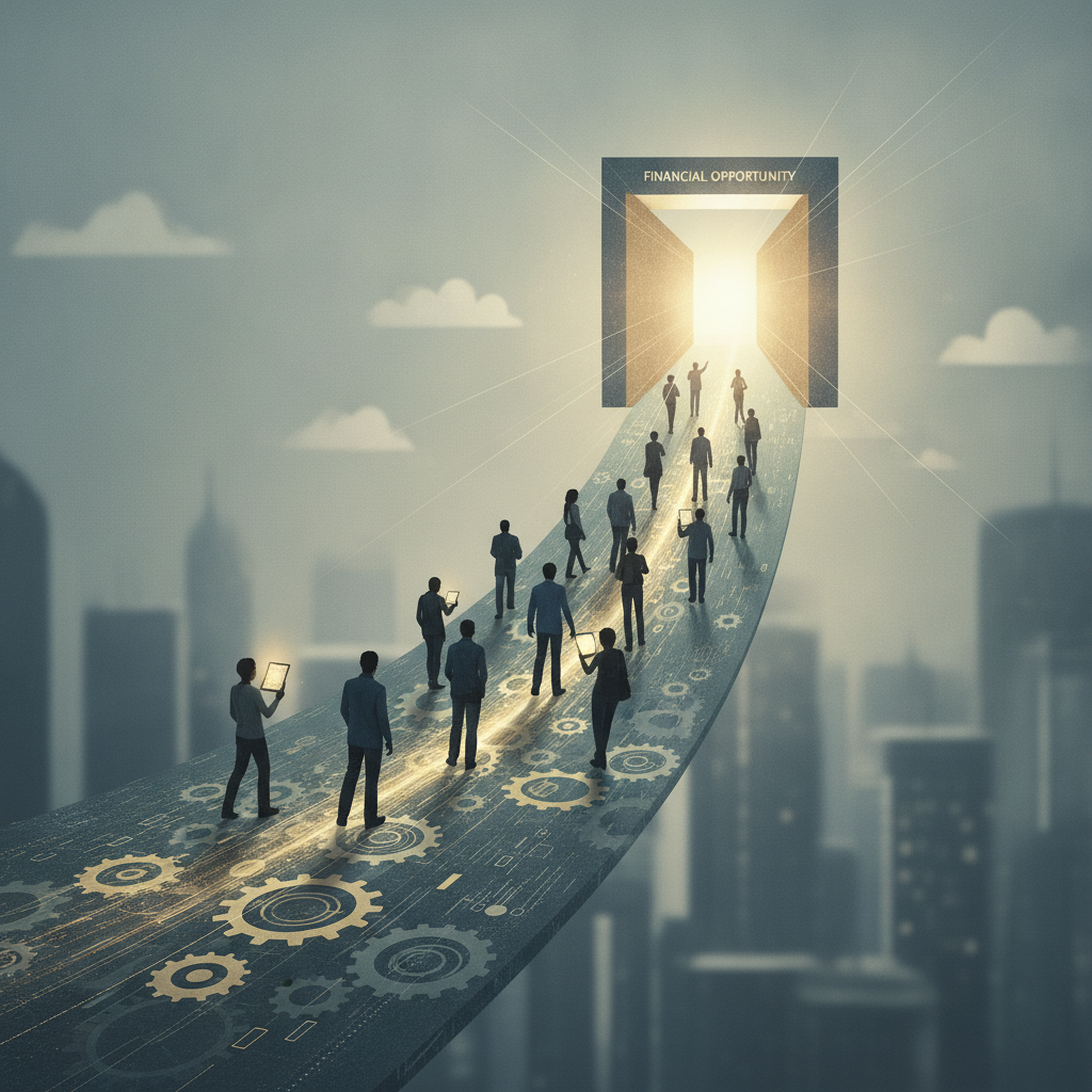A diverse group of people walking towards a bright doorway labeled 'Financial Op — Credit Access and Inclusion Act of 2026