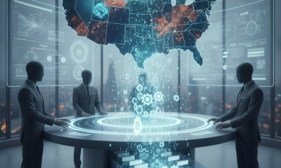 Three figures in suits analyzing a digital map of the U.S. with data overlays, rep — Critical Materials Future Act of 2025