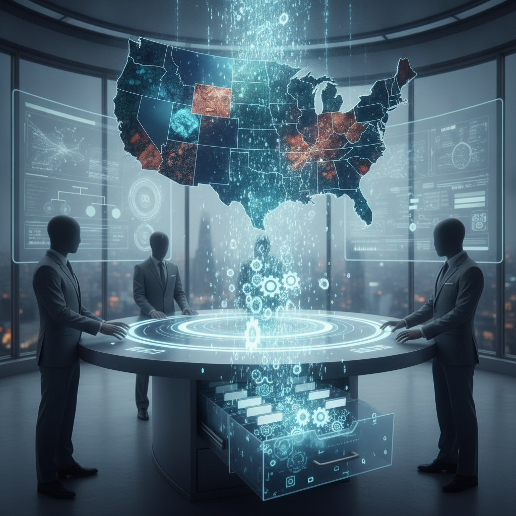 Three figures in suits analyzing a digital map of the U.S. with data overlays, rep — Critical Materials Future Act of 2025