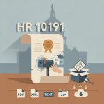 Illustration of a document labeled HR 10191 with icons representing mail delivery and legislative files, set against a gov…