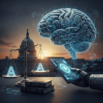 A robotic hand holding a tablet with a digital brain and scales of justice in f — Defense AI Reliability and Reporting Act