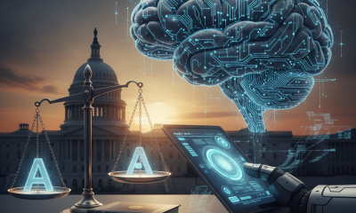 A robotic hand holding a tablet with a digital brain and scales of justice in f — Defense AI Reliability and Reporting Act