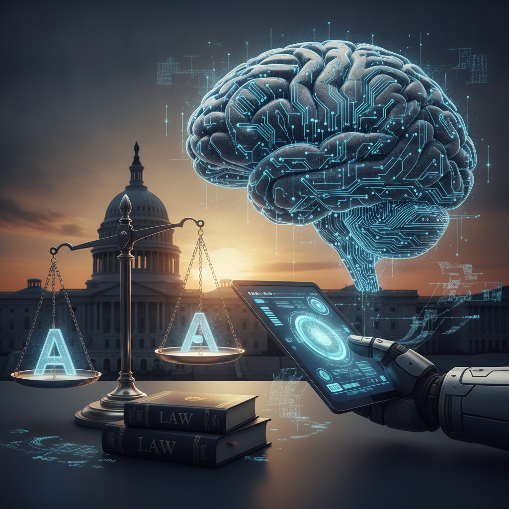 A robotic hand holding a tablet with a digital brain and scales of justice in f — Defense AI Reliability and Reporting Act