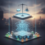 A futuristic building with a scale symbolizing transparency and accountability, f — DHS Community Consultation Act of 2026