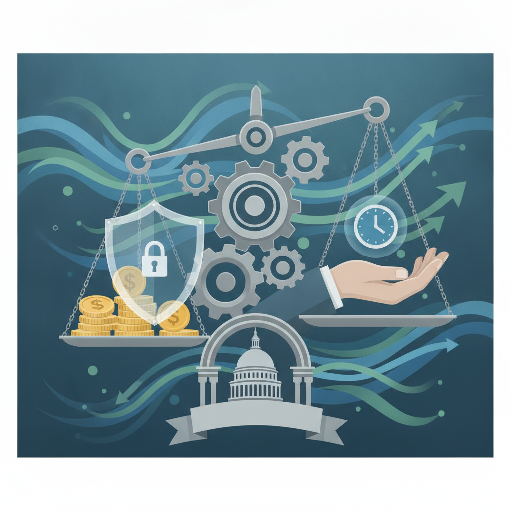 Graphic illustrating the Earned Wage Access Consumer Protection Act with scales, money, and a clock, symbolizing worker pa…