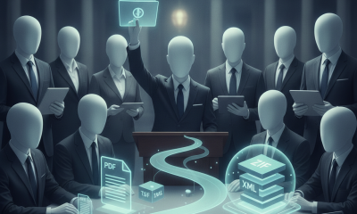 A group of faceless figures in suits around a podium, discussing digital documents related t — El Salvador TPS Act of 2026