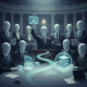 A group of faceless figures in suits around a podium, discussing digital documents related t — El Salvador TPS Act of 2026