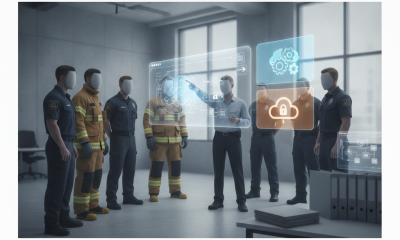 Group of emergency responders in uniforms discussing mental health train — Emergency Responders Mental Health Training Act