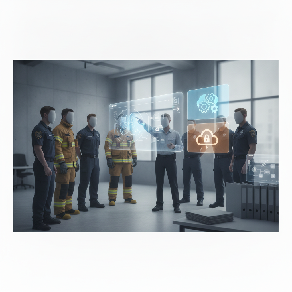 Group of emergency responders in uniforms discussing mental health train — Emergency Responders Mental Health Training Act
