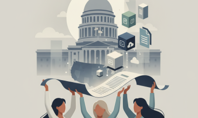 Three women holding a scroll in front of the U.S. Capitol, symbolizing the Empowering Moms Act.