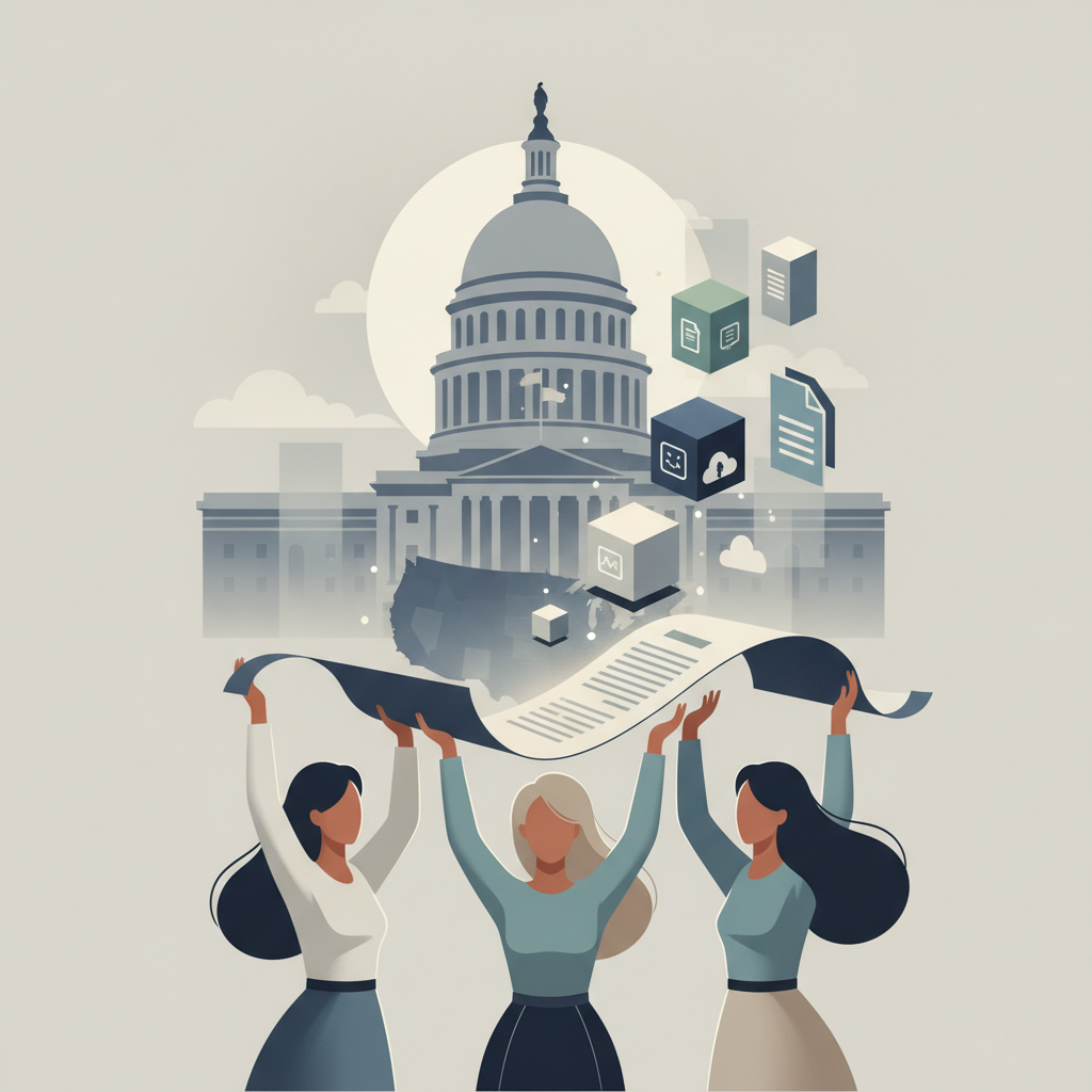 Three women holding a scroll in front of the U.S. Capitol, symbolizing the Empowering Moms Act.