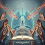 Illustration depicting hands reaching towards a glowing lung graphic with bacteria, sym — End Tuberculosis Now Act of 2026