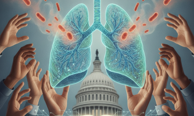 Illustration depicting hands reaching towards a glowing lung graphic with bacteria, sym — End Tuberculosis Now Act of 2026