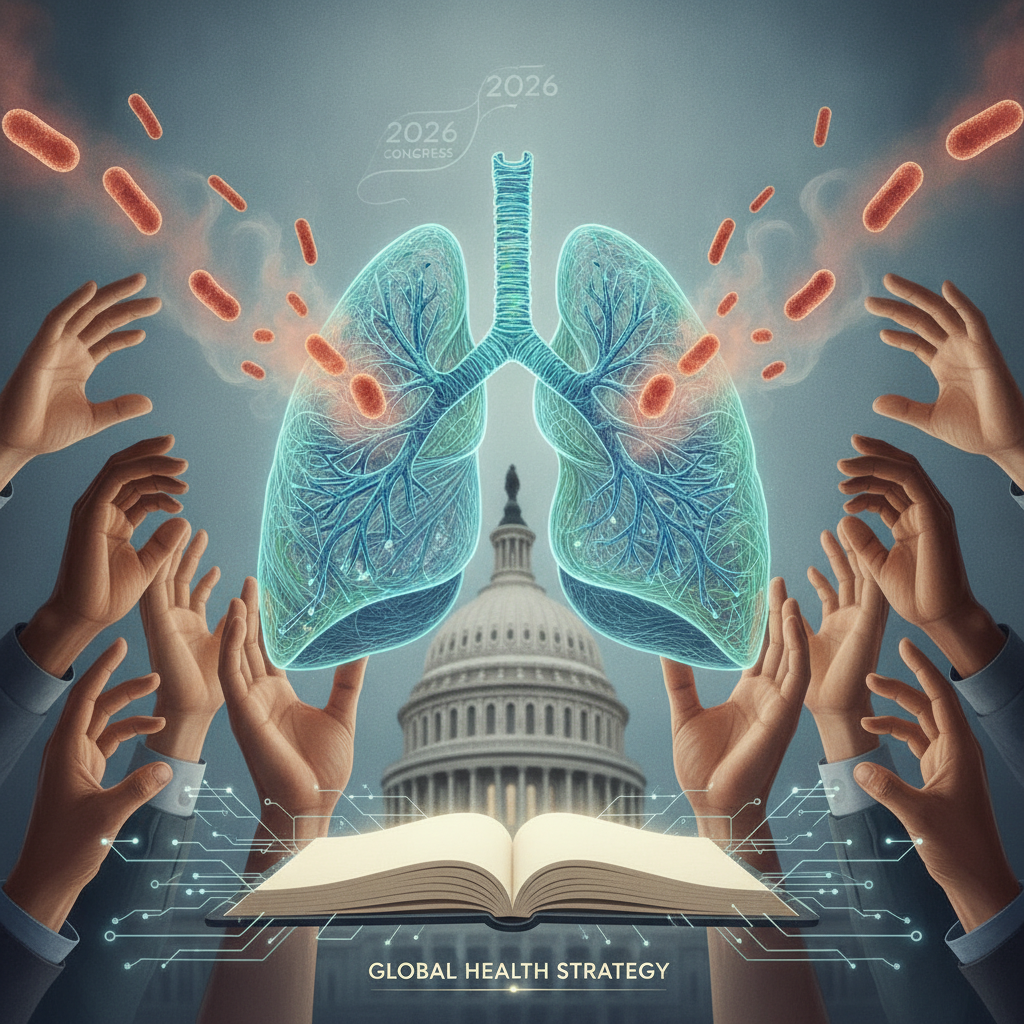 Illustration depicting hands reaching towards a glowing lung graphic with bacteria, sym — End Tuberculosis Now Act of 2026