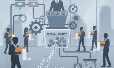 Illustration depicting a federal agency with gears and figures re — Ensuring SBA Implementation of GAO Recommendations Act