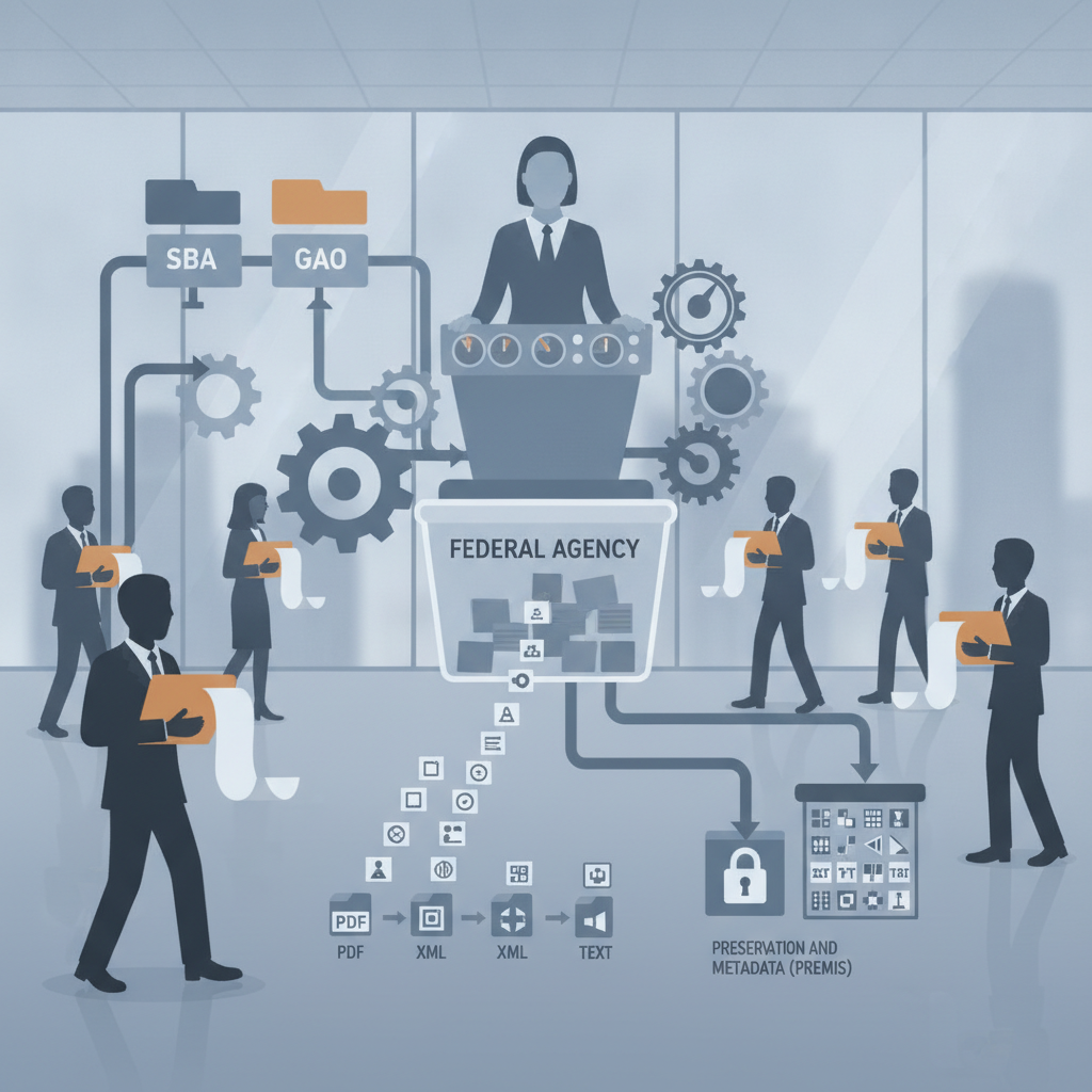 Illustration depicting a federal agency with gears and figures re — Ensuring SBA Implementation of GAO Recommendations Act
