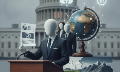 A faceless figure at a podium presents a document, with a globe and various icons in th — Senate Resolution 722 war crimes