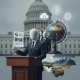 A faceless figure at a podium presents a document, with a globe and various icons in th — Senate Resolution 722 war crimes