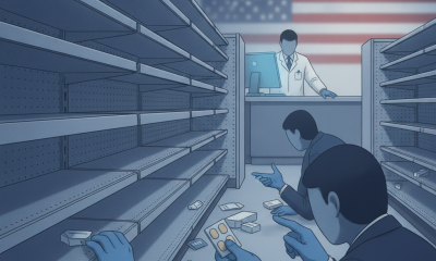 Pharmacists in a nearly empty pharmacy aisle searching for estrogen patches amid a nationwide sh — estrogen patch shortage