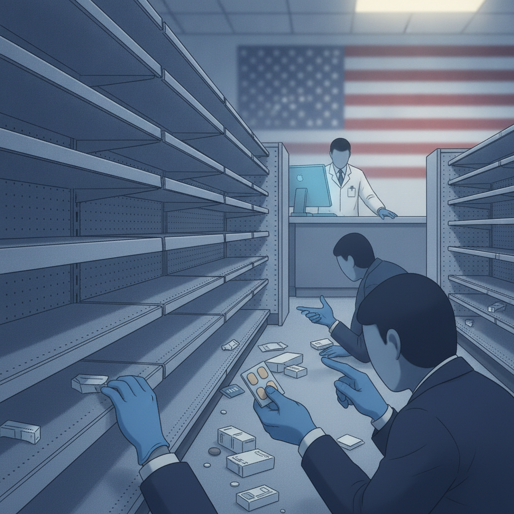 Pharmacists in a nearly empty pharmacy aisle searching for estrogen patches amid a nationwide sh — estrogen patch shortage